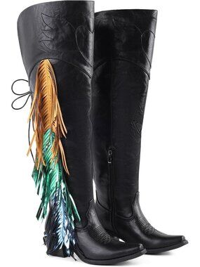 〽️Women's Knee-Calf Faux Fur Boots Black Faux Leather Furry Heel Pointed Toe